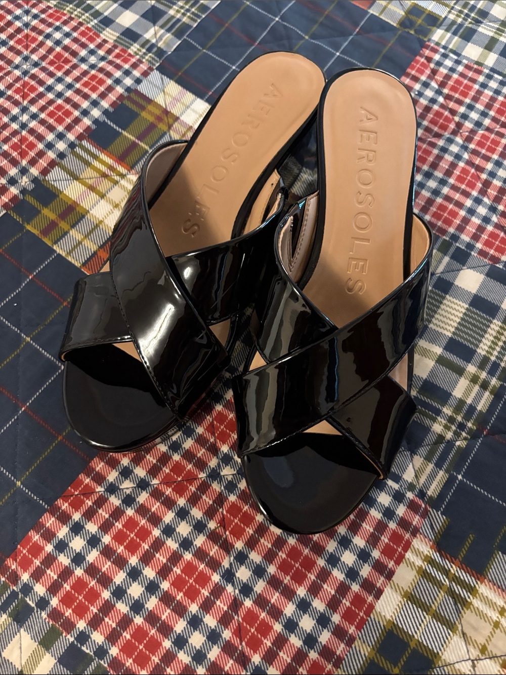 AEROSOLES Black Patent Crisscross Slide Mules